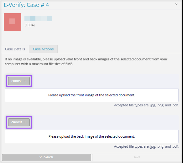 A screenshot of the Case Actions tab of an E-Verify Case returning a "Scan and Upload" Status.