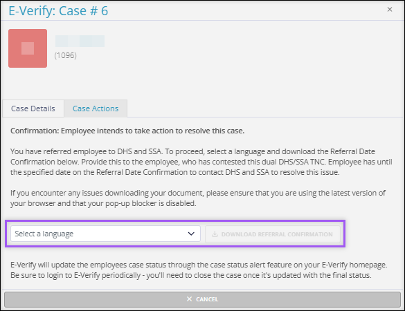 A screenshot of the Case Actions tab of an E-Verify Case returning a "Referred" Status.