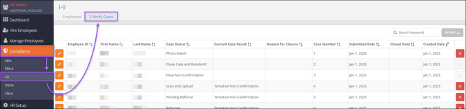 A screenshot showing the navigation path to the I-9 E-Verify Cases tab.