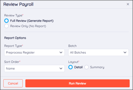 A screenshot of the Review Payroll pop-up.