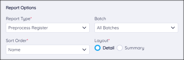 A screenshot of the Report Options section of the Review Payroll pop-up.