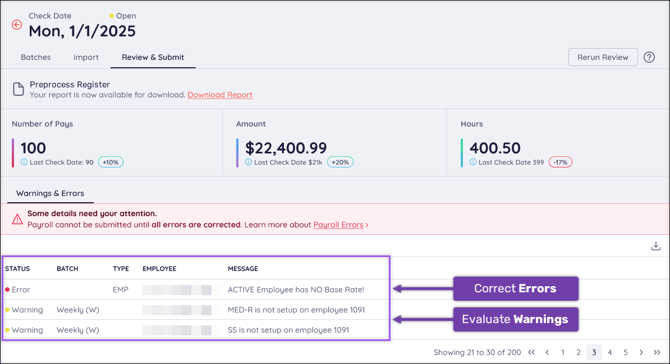 A screenshot of the Review & Submit page, highlighting the section of Warnings and Errors.