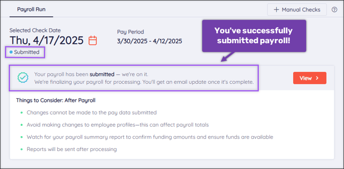 A screenshot of the Payroll Dashboard, highlighting the Status indicators confirming a "Submitted" payroll.