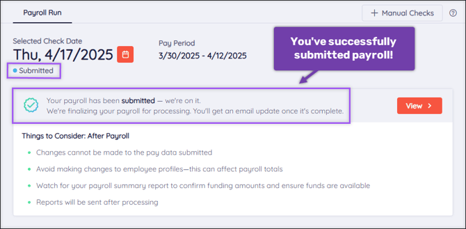 A screenshot of the Payroll Dashboard, highlighting the Status indicators confirming a "Submitted" payroll.