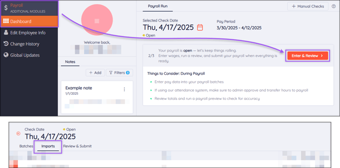 A screenshot of the navigation path to the Imports tab.