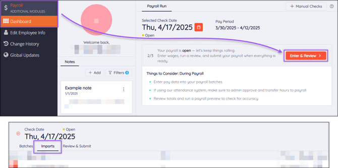 A screenshot of the navigation path to the Imports tab.