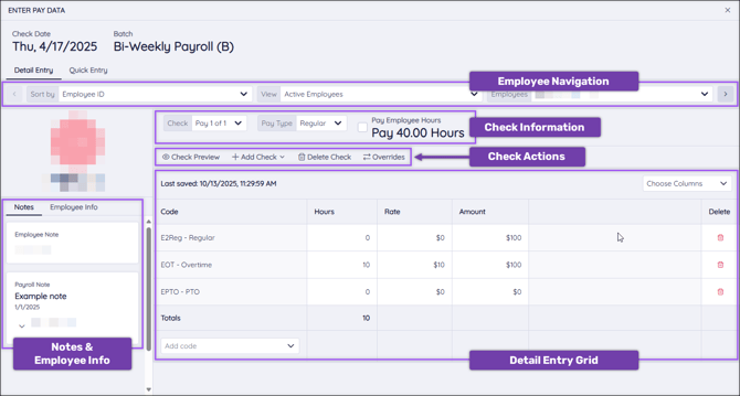 A screenshot of the Detail Entry page, highlighting the various sections of the page that are described in this article.