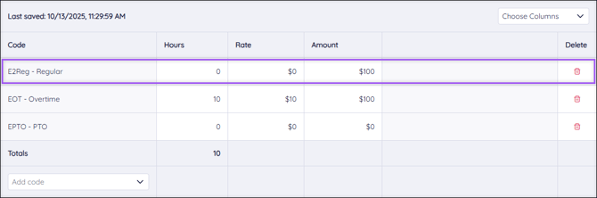 A screenshot of the Detail Entry Grid, highlighting the Regular code row.
