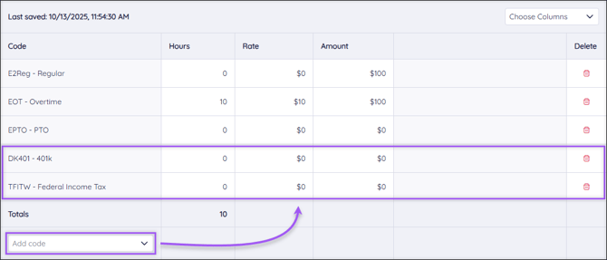 A screenshot of the Detail Entry Grid, highlighting additional Deduction and Tax code rows.