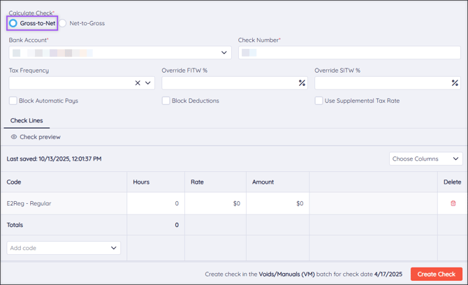 A screenshot of the Manual Check page, highlighting the "Gross-to-Net" selection.