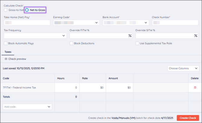 A screenshot of the Manual Check page, highlighting the "Net-to-Gross" selection.
