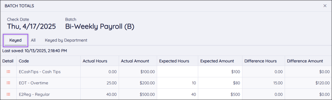 A screenshot of the Batch Totals page, highlighting the "Keyed" section.