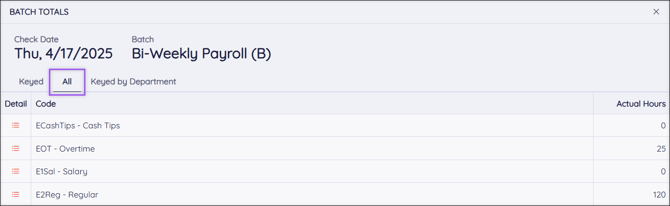A screenshot of the Batch Totals page, highlighting the "All" section.