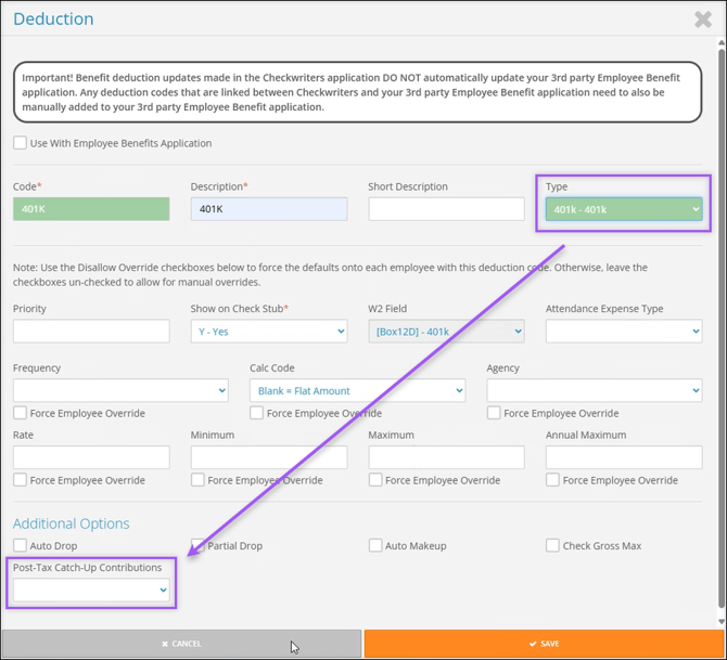 A screenshot of the Company Deduction page, highlighting the Type and Post-Tax Catch-Up Contributions fields.