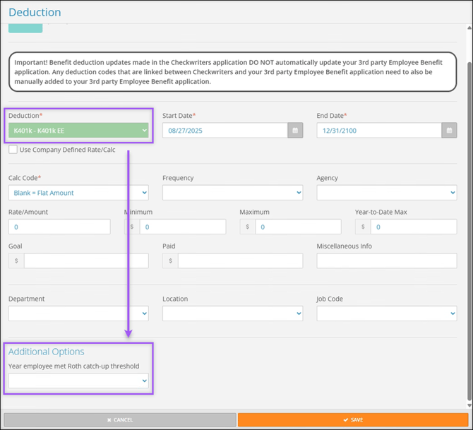 A screenshot of the Employee Deduction page highlighting the Deduction and Year employee met Roth catch-up threshold fields.