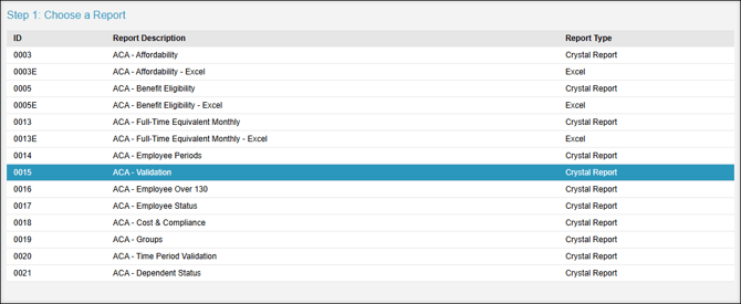 A screenshot of Step 1 of the ACA Reporting process.
