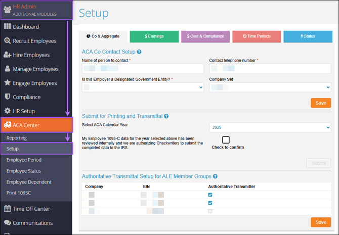 A screenshot of the navigation path to the ACA Center Setup page.