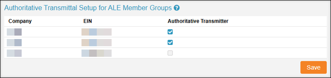 A screenshot of the Authoritative Transmittal Setup for ALE Member Groups section of Co and Aggregate.