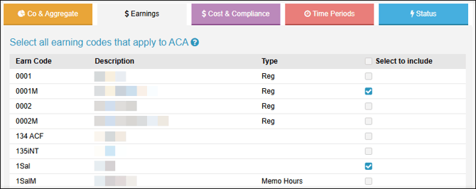 A screenshot of the Earnings page of the ACA Setup.