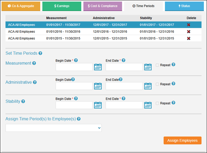 A screenshot of the Time Periods page of the ACA setup.