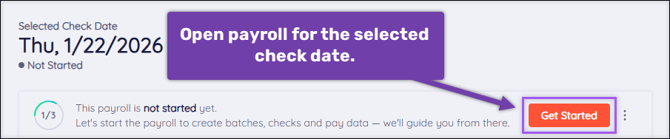 A screenshot of the Payroll Dashboard highlighting the Get Started button.