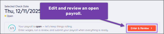 A screenshot of the Payroll Dashboard highlighting the Enter &amp; Review button.