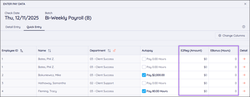 A screenshot of the Quick Entry page, highlighting additional columns as a result of adding them in the "Change Columns" aside.