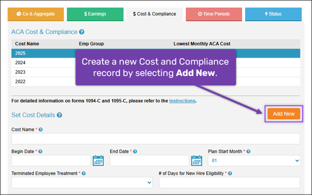 A screenshot of the Cost and Compliance page of ACA Setup, highlighting the Add New button.