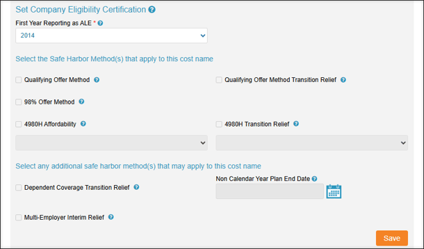 A screenshot of the Set Company Eligibility Certification section of Cost and Compliance Setup.