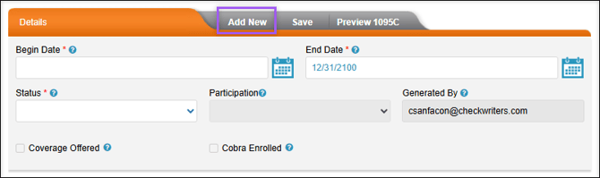 A screenshot of the Details section of ACA Employee Status, highlighting the Add New button.