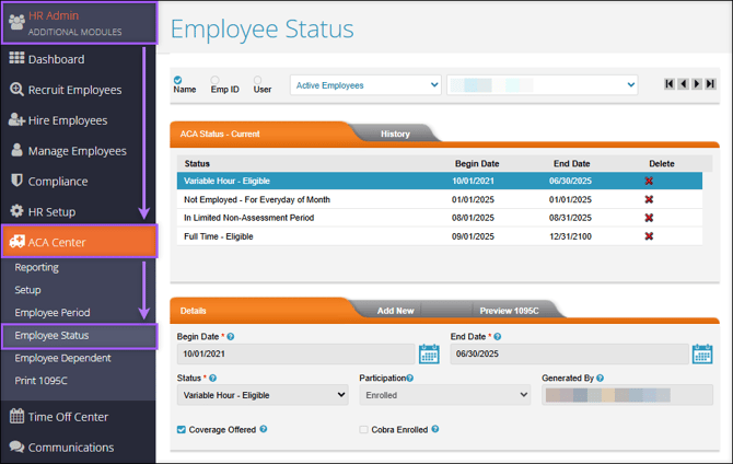 A screenshot of the navigation path to the ACA Employee Status page.