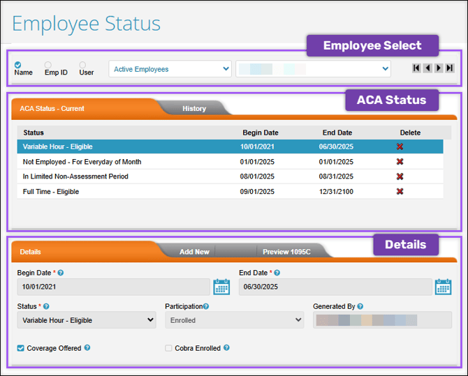 A screenshot of the ACA Employee Status page, highlighting each of the three main sections of the page.