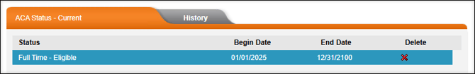 A screenshot of the ACA Status page showing a status with a Begin Date of 01/01/2025.