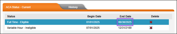 A screenshot of the ACA Status page showing the previous status being end-dated on 06/30/2025.