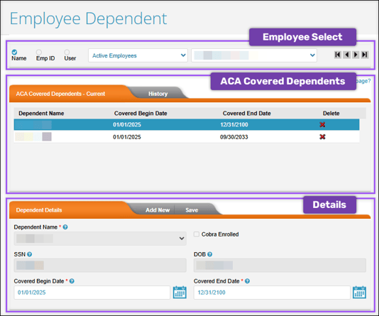 A screenshot of the ACA Employee Dependent page, highlighting the three sections of the page.