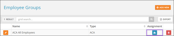A screenshot of the Employee Groups page highlighting the Assignment button.