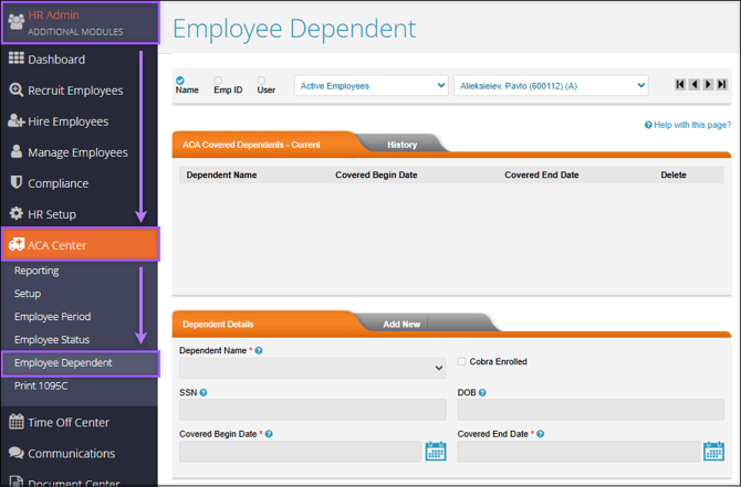 A screenshot of the navigation path to the ACA Employee Dependent page.
