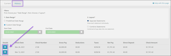 A screenshot of the My Pay dashboard history tab, highlighting the details buttons.