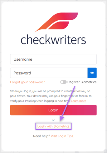 A screenshot of the Checkwriters login page, highlighting "Log in with Biometrics."