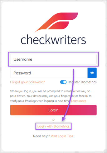 A screenshot of the Checkwriters login page, highlighting the Username field and "Log in with Biometrics."