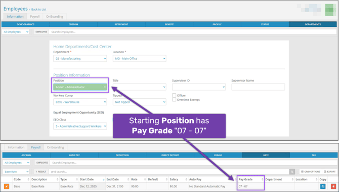 A screenshot of the Departments and Rate pages, highlighting the Position and Pay Grade sections. A callout states "Starting Position has Pay Grade '07 - 07.'"