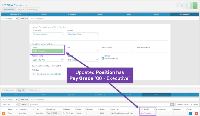 A screenshot of the Departments and Rate pages, highlighting the Position and Pay Grade sections. A callout states "Updated Position has Pay Grade '08 - Executive.'"