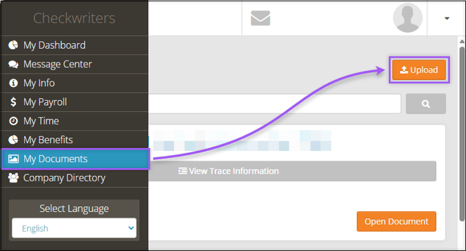 A mobile screenshot of the My Documents page, highlighting the "Upload" button.
