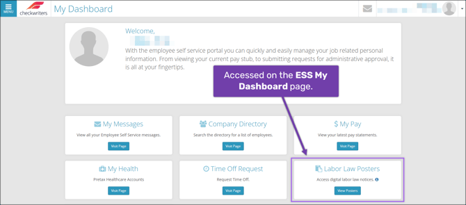 A screenshot of the ESS My Dashboard page highlighting the Labor Law Posters card.