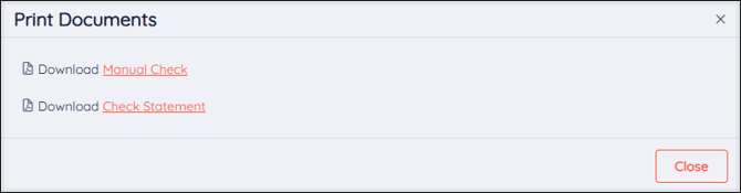A screenshot of the Manual Check Print Documents pop-up page.