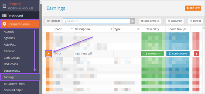 A screenshot of the Company Setup Earnings page, highlighting the Edit button of a code.
