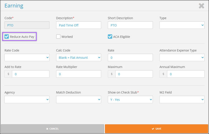 A screenshot of an Earning code's editing page, highlighting the Reduce Auto Pay checkbox.