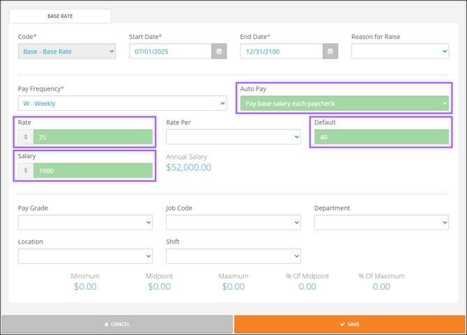 A screenshot of an employee's Base Rate editor, highlighting the Auto Pay, Rate, Default, and Salary fields.