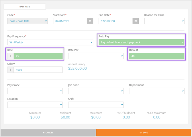 A screenshot of an employee's Base Rate editor, highlighting the Auto Pay, Rate, and Default fields.