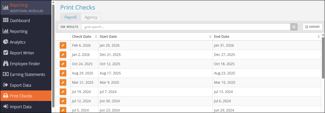 A screenshot of the Reporting -> Print Checks page.